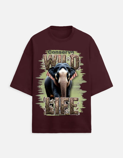 Unisex Terry Oversized Tee – Conserve Wild Life Maroon GlowZonePrints