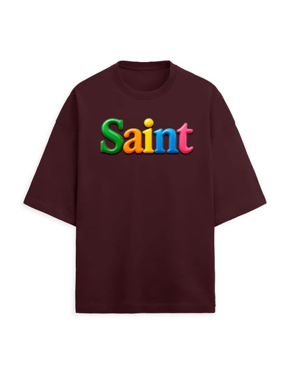 Unisex Terry Oversized Tee – Glossy SAINT Text Edition Maroon - Glossy Text Effect GlowZonePrints