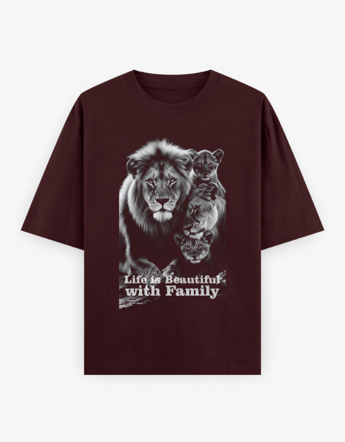 Oversized Classic T-Shirt – Life Is Beautiful with Family Maroon GlowZonePrints