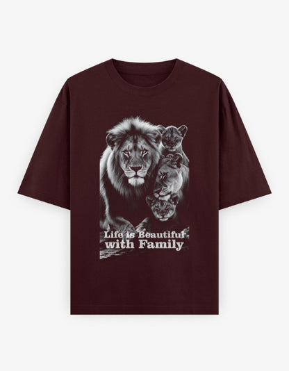 Oversized Classic T-Shirt – Life Is Beautiful with Family Maroon GlowZonePrints