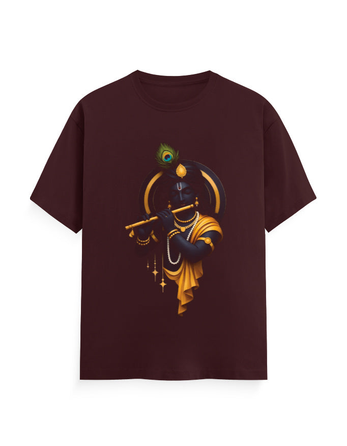Unisex Classic Crew T-Shirt – Krishna Playing Flute Maroon GlowZonePrints