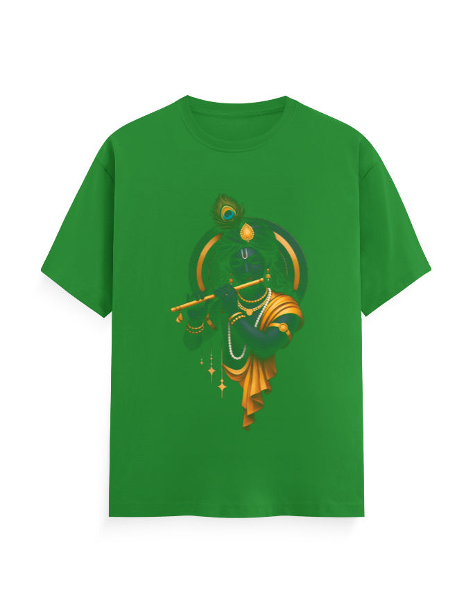 Unisex Classic Crew T-Shirt – Krishna Playing Flute Flag Green GlowZonePrints