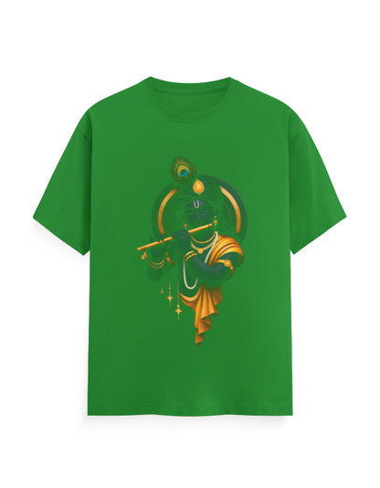 Unisex Classic Crew T-Shirt – Krishna Playing Flute Flag Green GlowZonePrints
