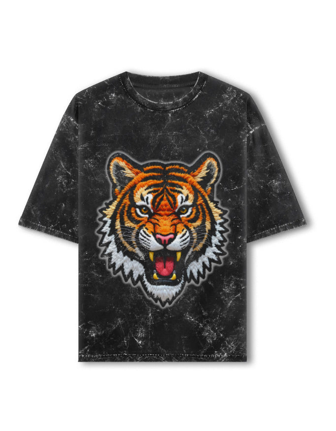 Unisex Acid Washed Oversized Tee – Tiger Roar Black GlowZonePrints