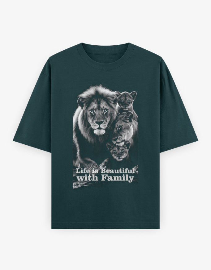 Oversized Classic T-Shirt – Life Is Beautiful with Family Petrol Blue GlowZonePrints