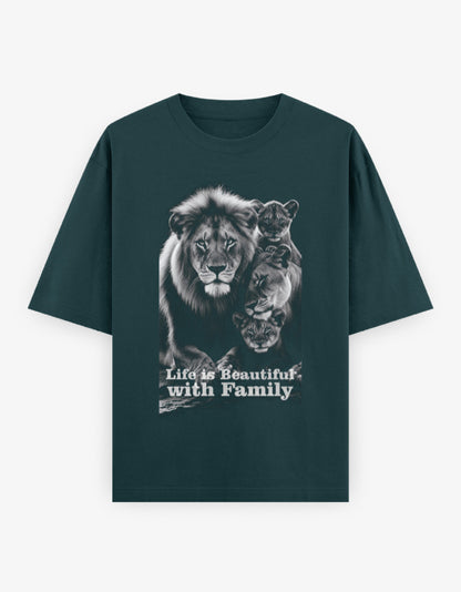 Oversized Classic T-Shirt – Life Is Beautiful with Family Petrol Blue GlowZonePrints
