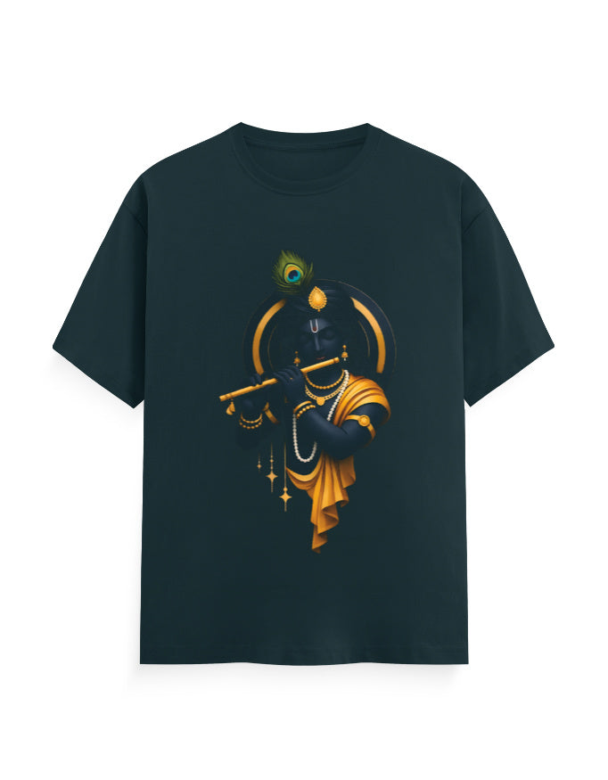 Unisex Classic Crew T-Shirt – Krishna Playing Flute Petrol Blue GlowZonePrints