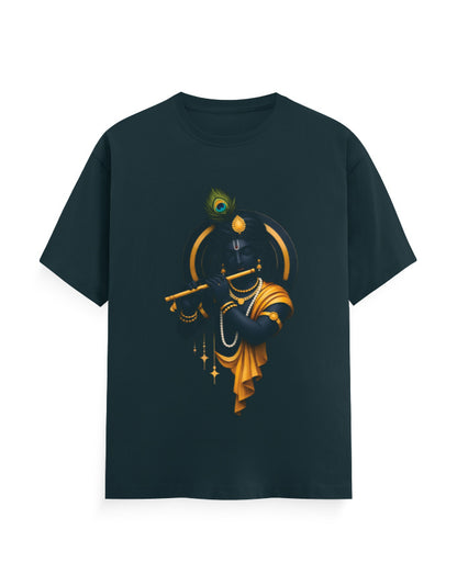 Unisex Classic Crew T-Shirt – Krishna Playing Flute Petrol Blue GlowZonePrints