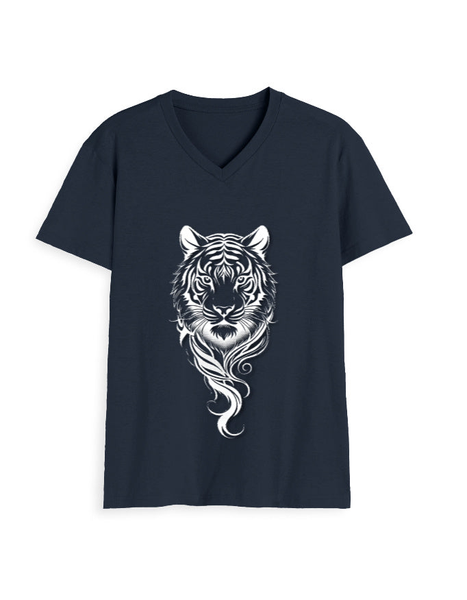Unisex V-Neck T-Shirt – Tiger Halftone Design Navy Blue GlowZonePrints