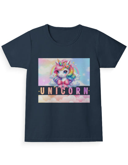 Unicorn Girl’s Crew Neck T-Shirt Navy Blue GlowZonePrints