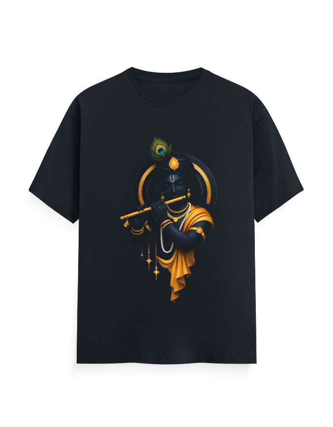 Unisex Classic Crew T-Shirt – Krishna Playing Flute Navy Blue GlowZonePrints