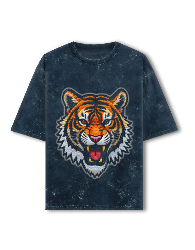 Unisex Acid Washed Oversized Tee – Tiger Roar Navy Blue GlowZonePrints