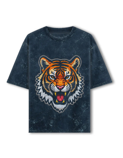 Unisex Acid Washed Oversized Tee – Tiger Roar Navy Blue GlowZonePrints