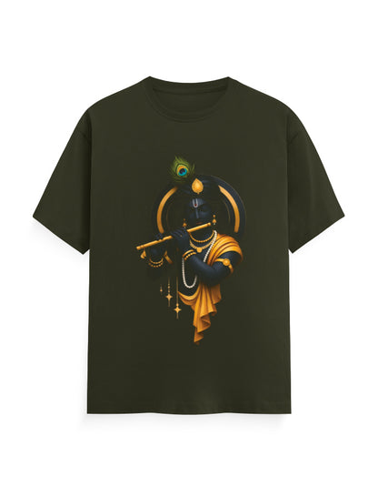 Unisex Classic Crew T-Shirt – Krishna Playing Flute Olive Green GlowZonePrints