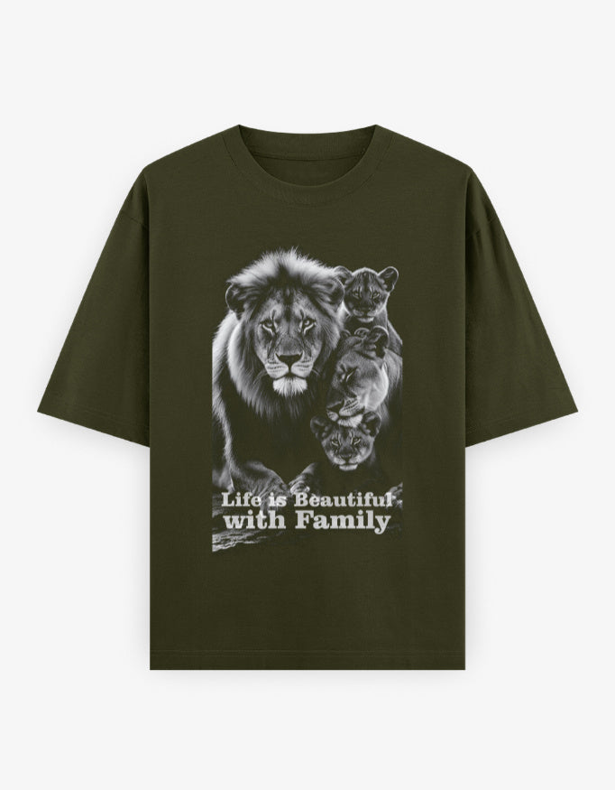 Oversized Classic T-Shirt – Life Is Beautiful with Family Olive Green GlowZonePrints