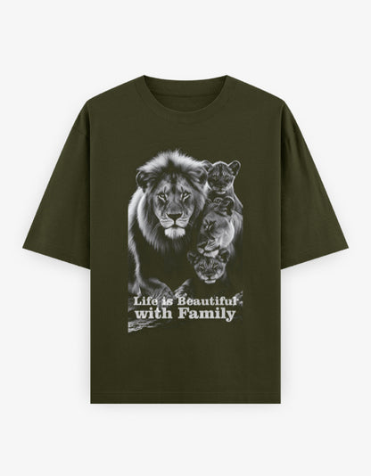 Oversized Classic T-Shirt – Life Is Beautiful with Family Olive Green GlowZonePrints