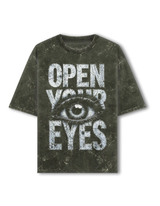 Acid Washed Oversized Tee – Open Your Eye Olive Green GlowZonePrints
