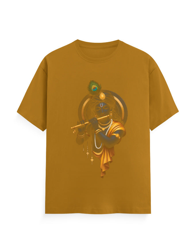 Unisex Classic Crew T-Shirt – Krishna Playing Flute Mustard Yellow GlowZonePrints