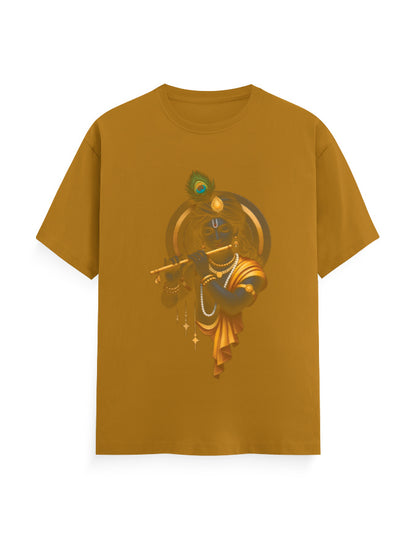 Unisex Classic Crew T-Shirt – Krishna Playing Flute Mustard Yellow GlowZonePrints