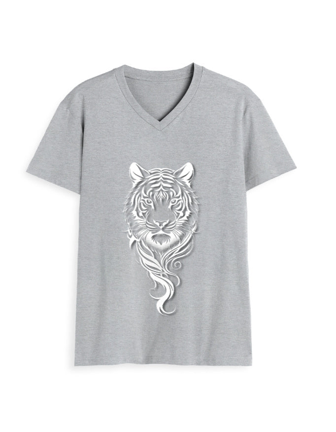 Unisex V-Neck T-Shirt – Tiger Halftone Design Grey Melange GlowZonePrints