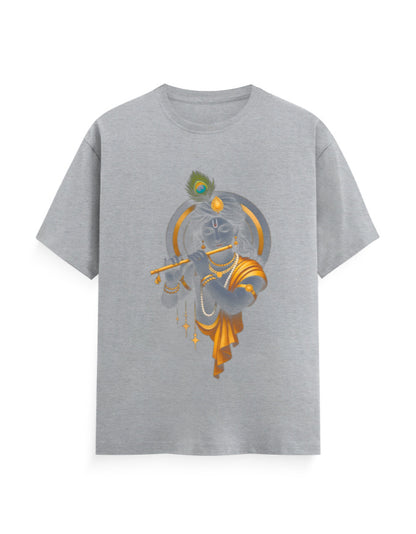 Unisex Classic Crew T-Shirt – Krishna Playing Flute Grey Melange GlowZonePrints
