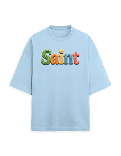 Unisex Terry Oversized Tee – Woolen SAINT Text Edition Baby Blue - Woolen Text Effect GlowZonePrints
