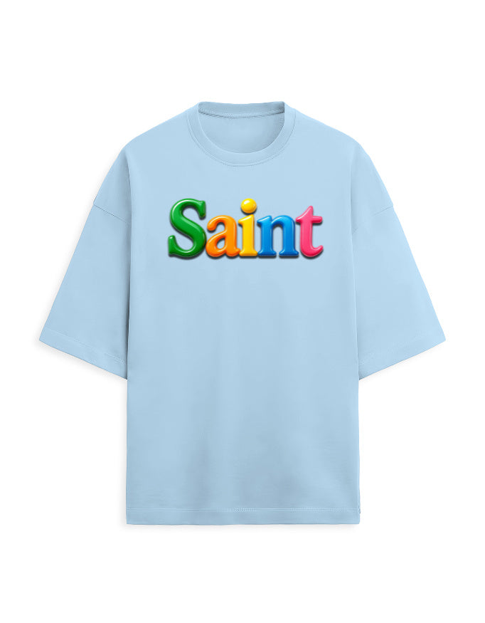 Unisex Terry Oversized Tee – Glossy SAINT Text Edition Baby Blue - Glossy Text Effect GlowZonePrints