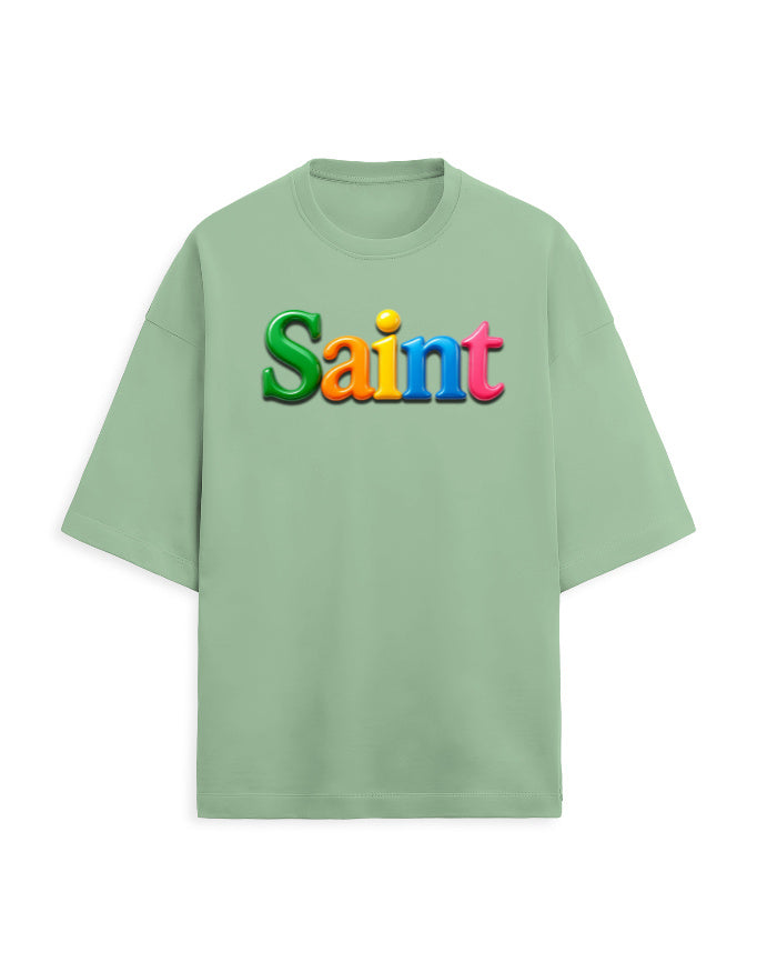 Unisex Terry Oversized Tee – Glossy SAINT Text Edition Jade - Glossy Text Effect GlowZonePrints