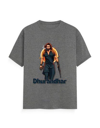 Unisex Crew T-Shirt – Dhurandhar(D) Charcoal Melange GlowZonePrints