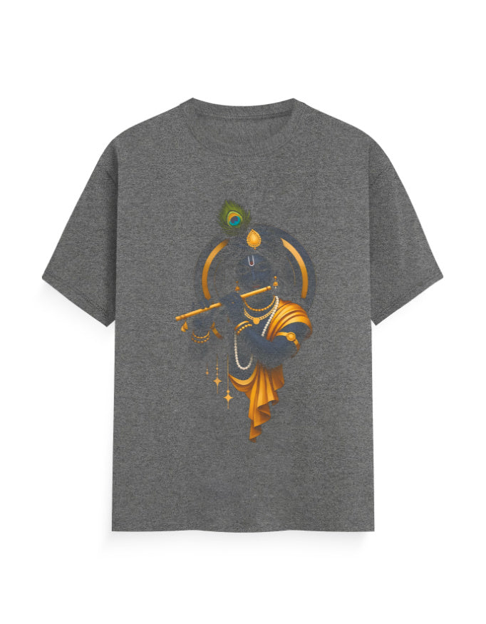 Unisex Classic Crew T-Shirt – Krishna Playing Flute Charcoal Melange GlowZonePrints