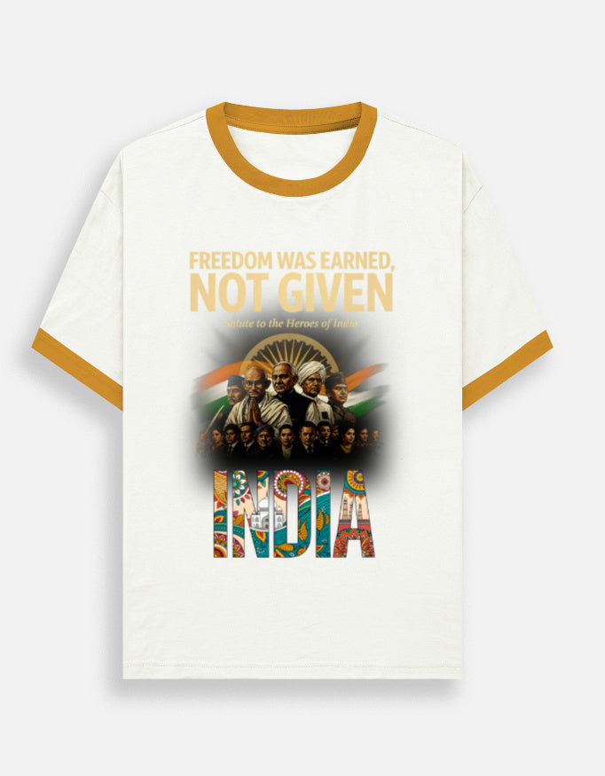 Unisex Ringer T-Shirt – Freedom Was Earned, Not Given Mustard yellow off white GlowZonePrints