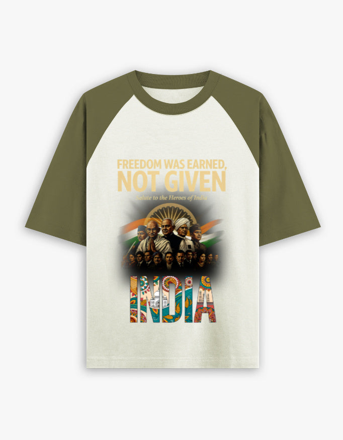 Unisex Oversized Raglan – Freedom Was Earned, Not Given Olive Green off white GlowZonePrints
