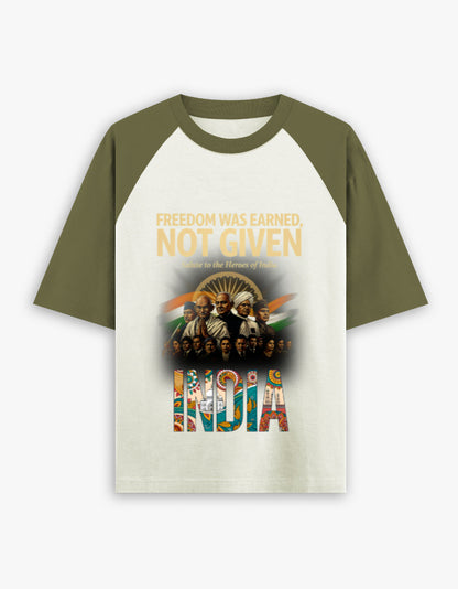 Unisex Oversized Raglan – Freedom Was Earned, Not Given Olive Green off white GlowZonePrints