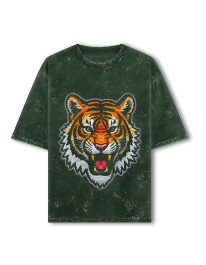 Unisex Acid Washed Oversized Tee – Tiger Roar Bottle Green GlowZonePrints