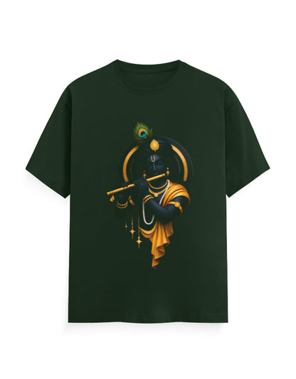 Unisex Classic Crew T-Shirt – Krishna Playing Flute Bottle Green GlowZonePrints