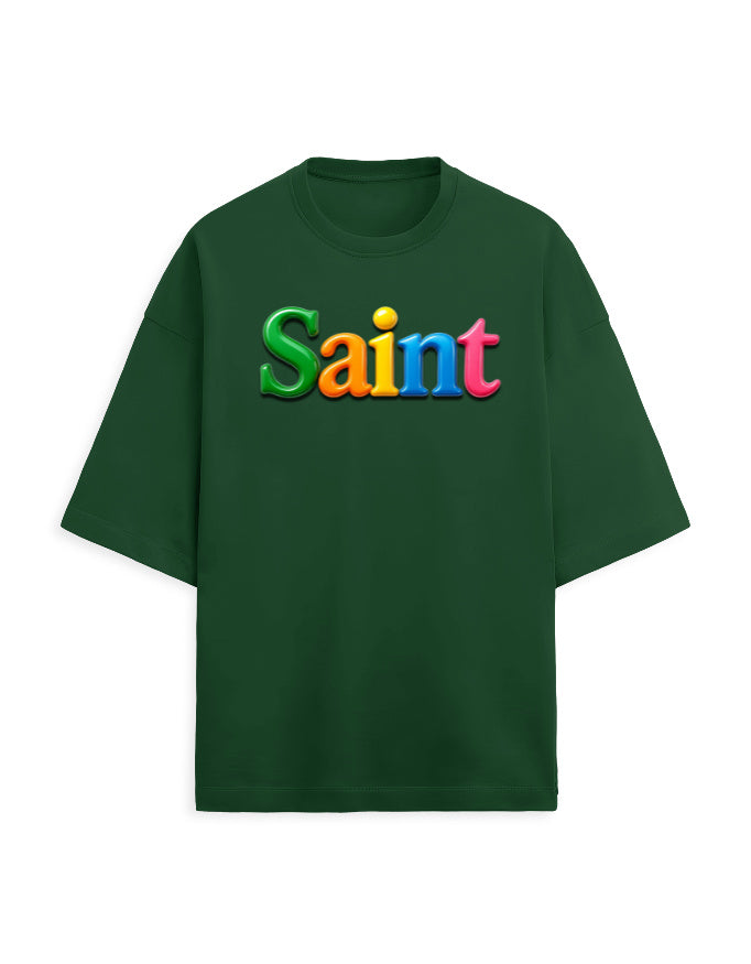 Unisex Terry Oversized Tee – Glossy SAINT Text Edition Bottle Green - Glossy Text Effect GlowZonePrints