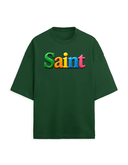 Unisex Terry Oversized Tee – Glossy SAINT Text Edition Bottle Green - Glossy Text Effect GlowZonePrints