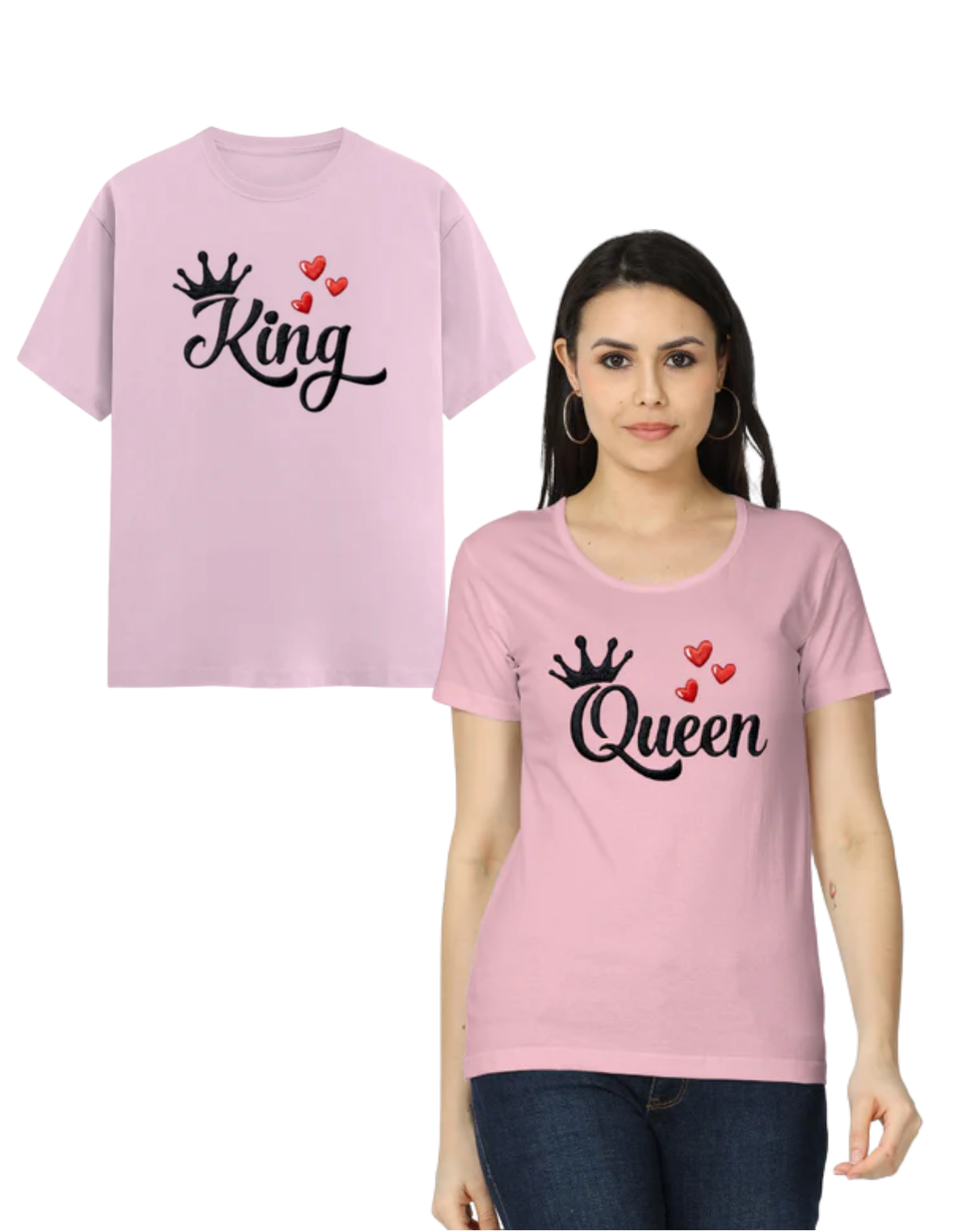 King & Queen – Embroidery Edition (Couple Set) Light Baby Pink GlowZonePrints