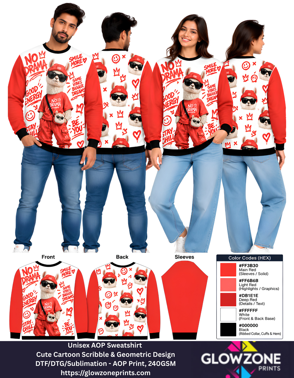 Unisex Animal Cartoon Sweatshirt - Cute Scribble & Geometric Print Alpaca Lamb Red GlowZonePrints