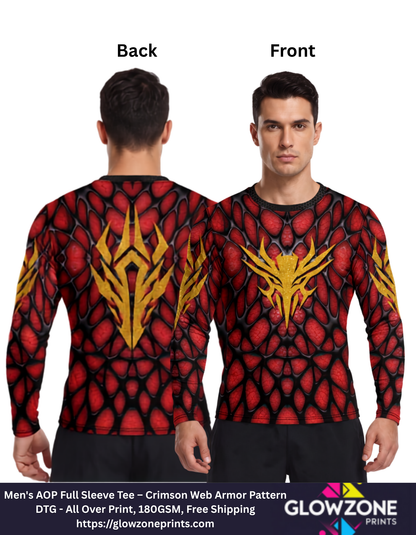 Men's AOP Full Sleeve Tee – Crimson Web Armor Pattern
