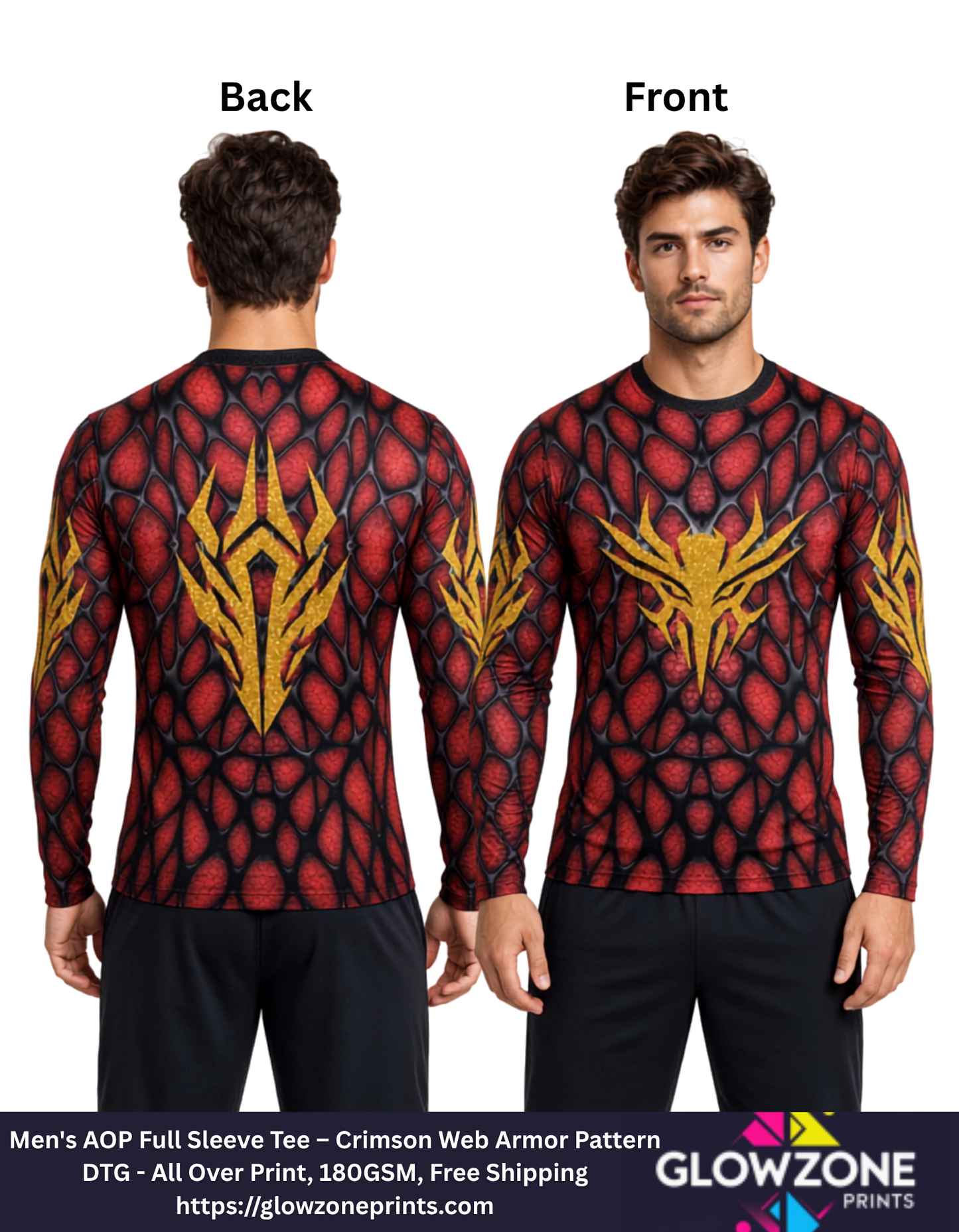 Men's AOP Full Sleeve Tee – Crimson Web Armor Pattern