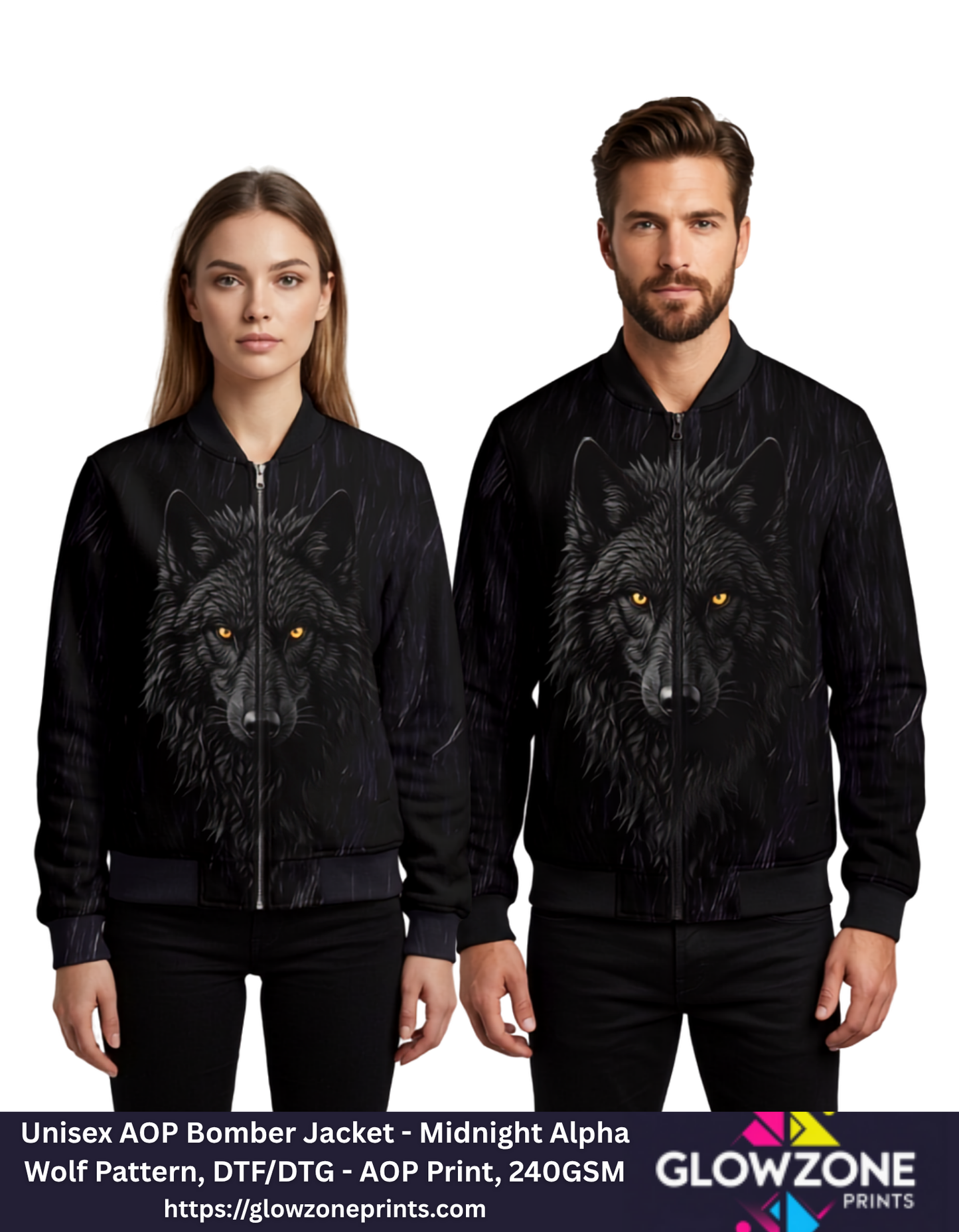 Unisex AOP Bomber Jacket – Midnight Alpha Wolf Pattern GlowZonePrints