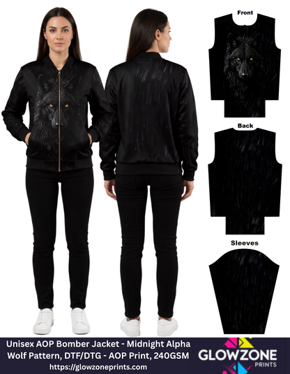 Unisex AOP Bomber Jacket – Midnight Alpha Wolf Pattern GlowZonePrints