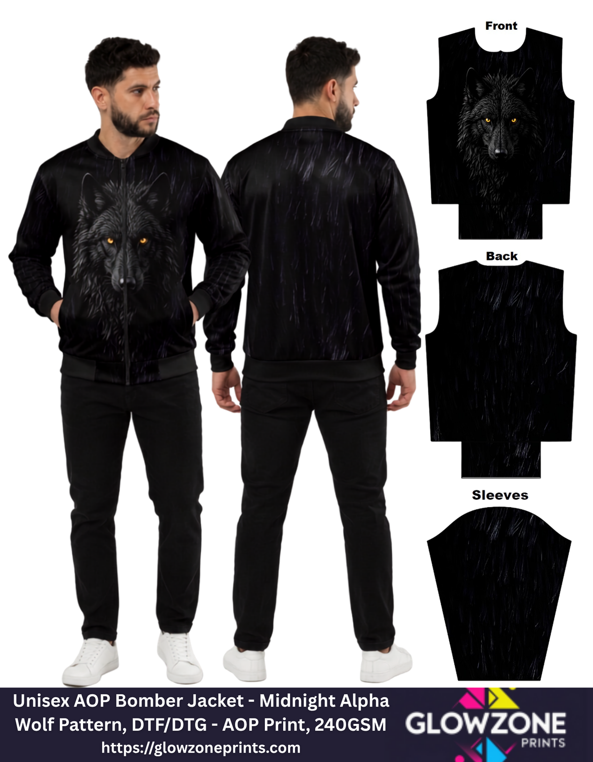 Unisex AOP Bomber Jacket – Midnight Alpha Wolf Pattern GlowZonePrints