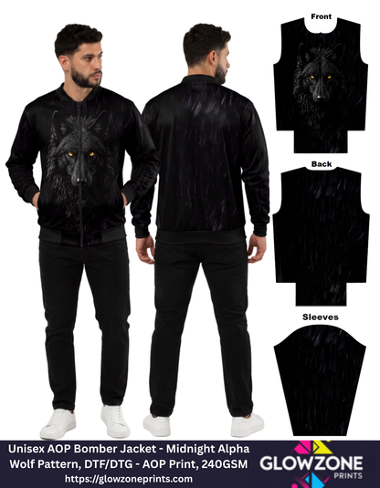 Unisex AOP Bomber Jacket – Midnight Alpha Wolf Pattern GlowZonePrints
