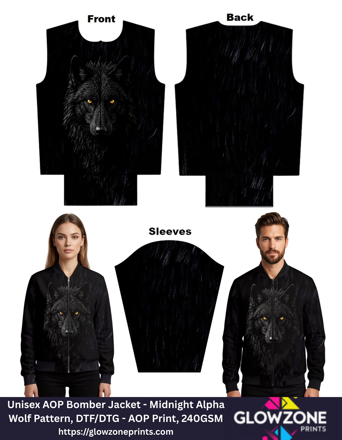 Unisex AOP Bomber Jacket – Midnight Alpha Wolf Pattern Alpha Wolf GlowZonePrints