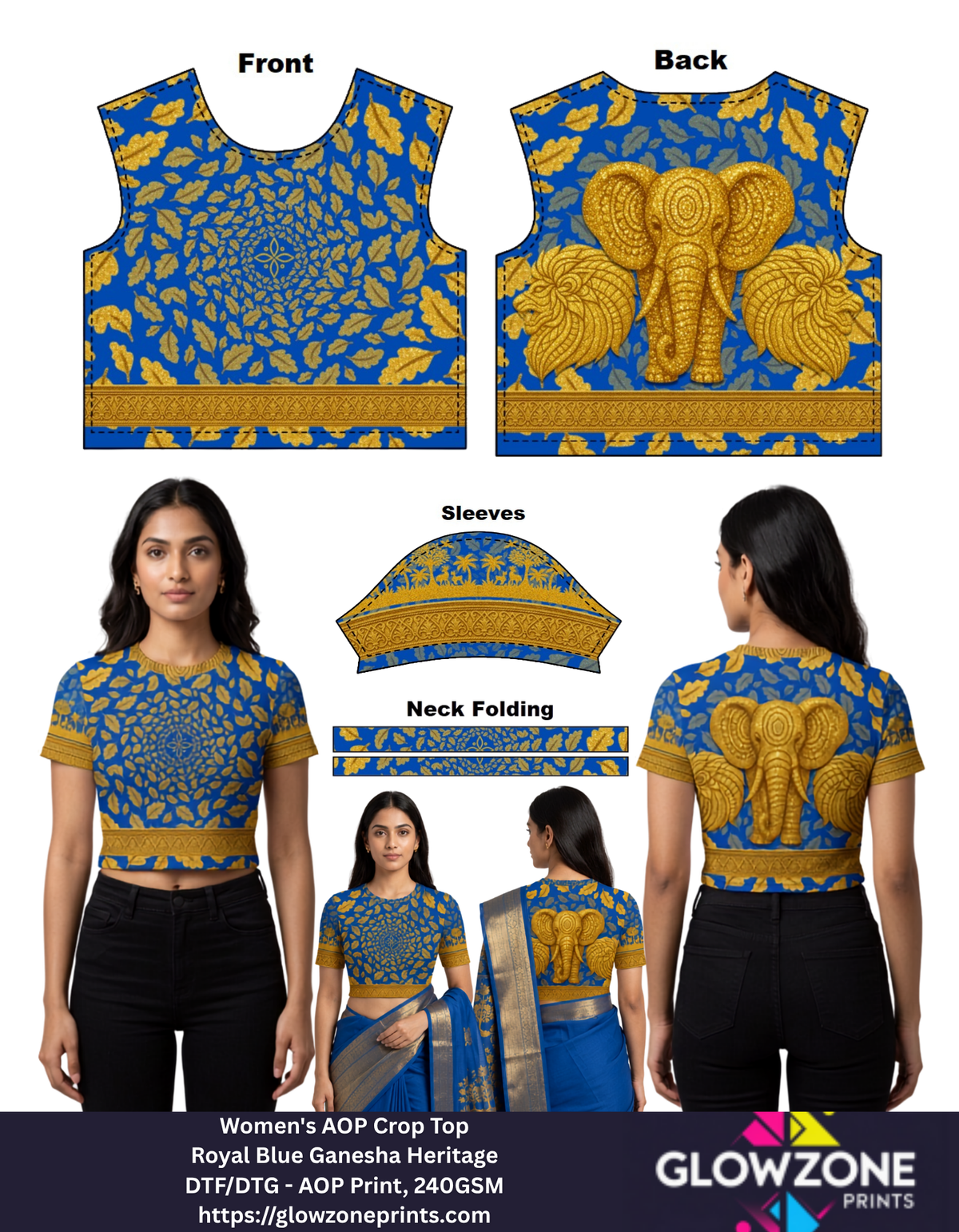 Women's AOP Crop Top – Royal Blue Ganesha Heritage