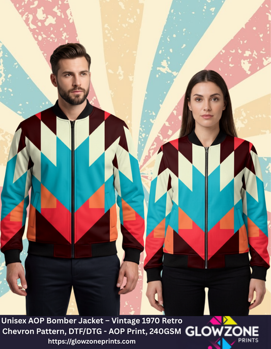 Unisex AOP Bomber Jacket – Vintage 1970 Retro Chevron Pattern Vintage GlowZonePrints