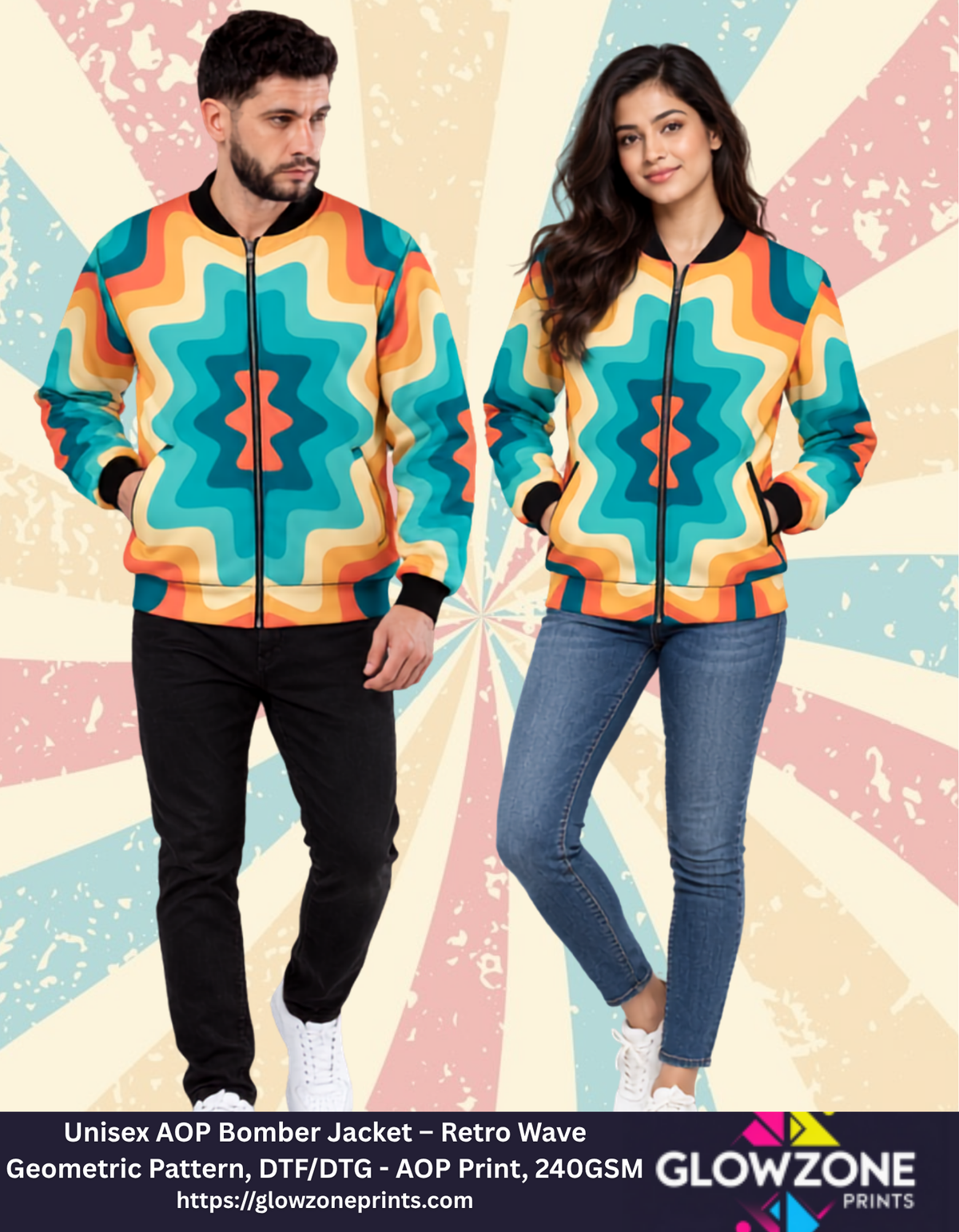 Unisex AOP Bomber Jacket – Retro Wave Geometric Pattern