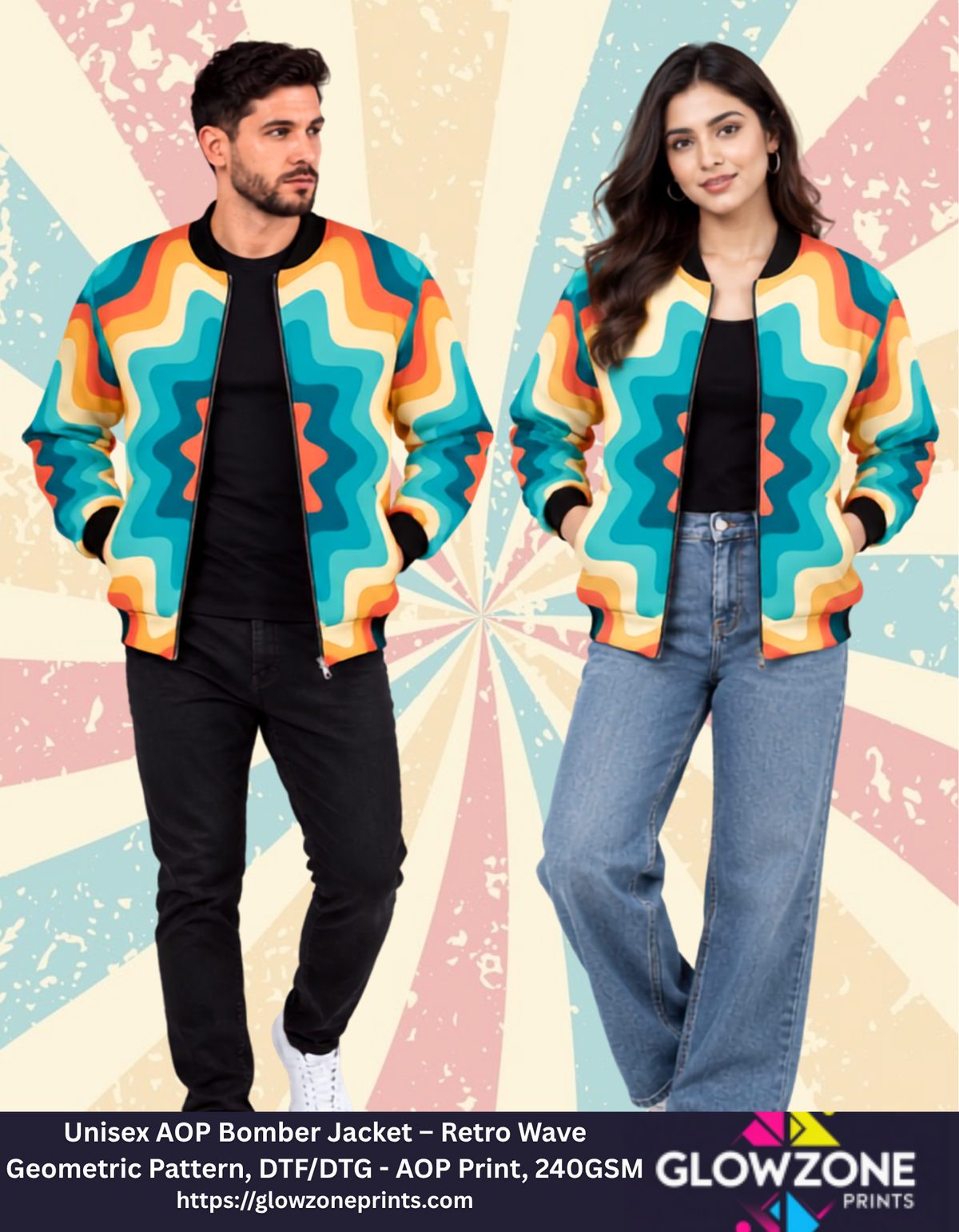 Unisex AOP Bomber Jacket – Retro Wave Geometric Pattern